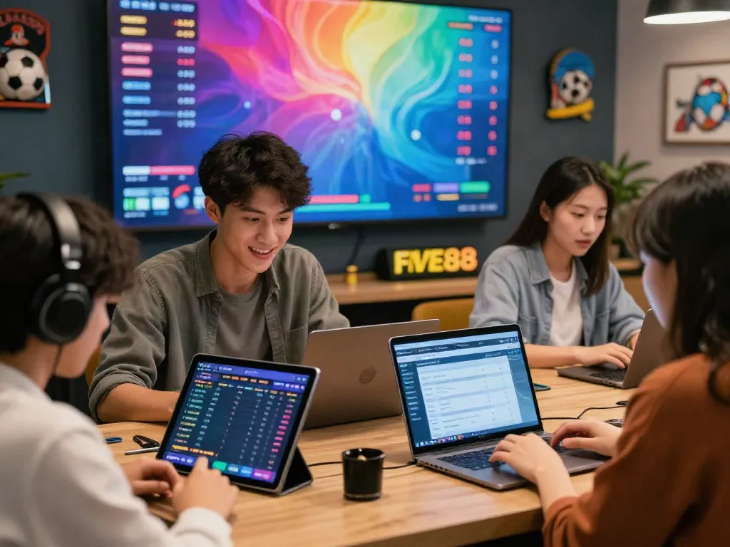 Engaged players betting with the FIVE88 platform on tablets and laptops in a lively environment.