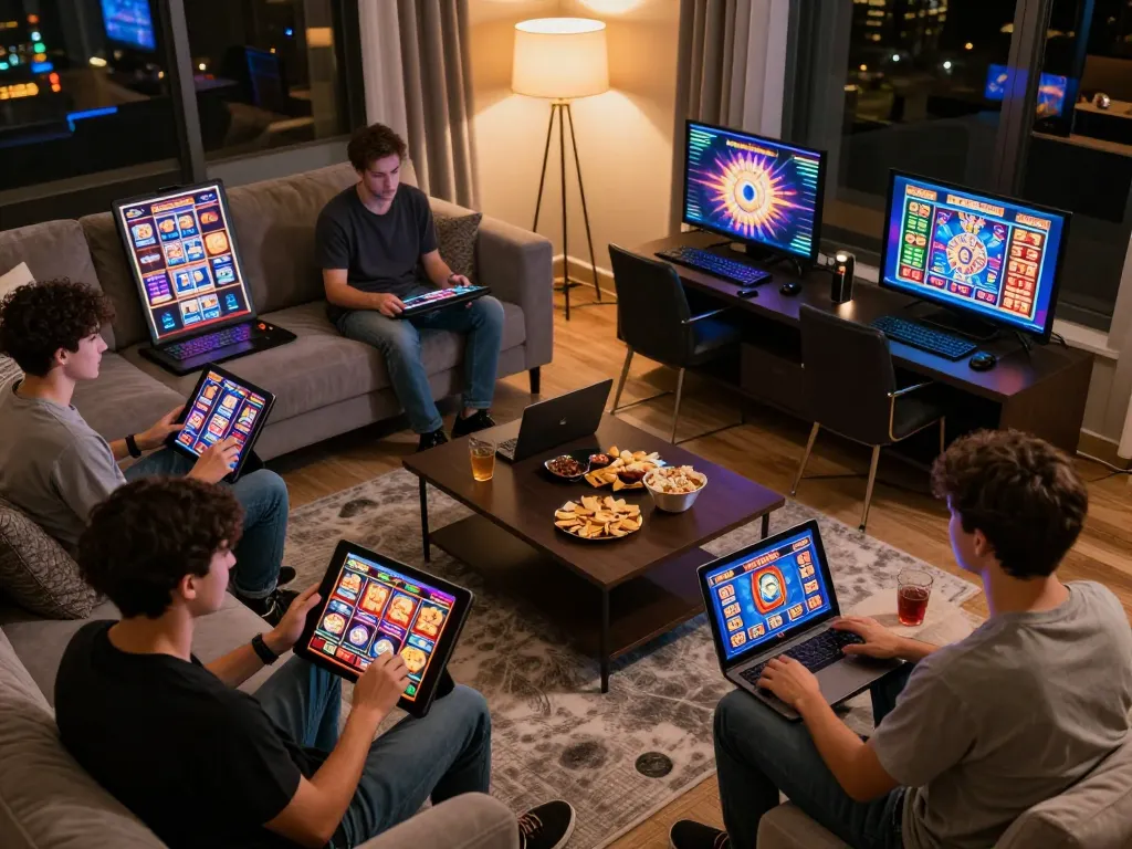 Players engaging with 81ff's online slots in a cozy living room environment, enjoying responsible gaming.
