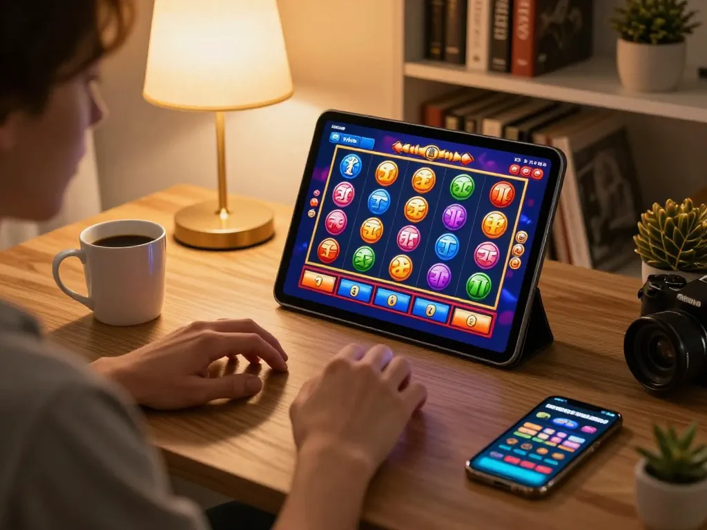 Engaging in online gambling with da88 đăng nhập on a tablet in a cozy home setting