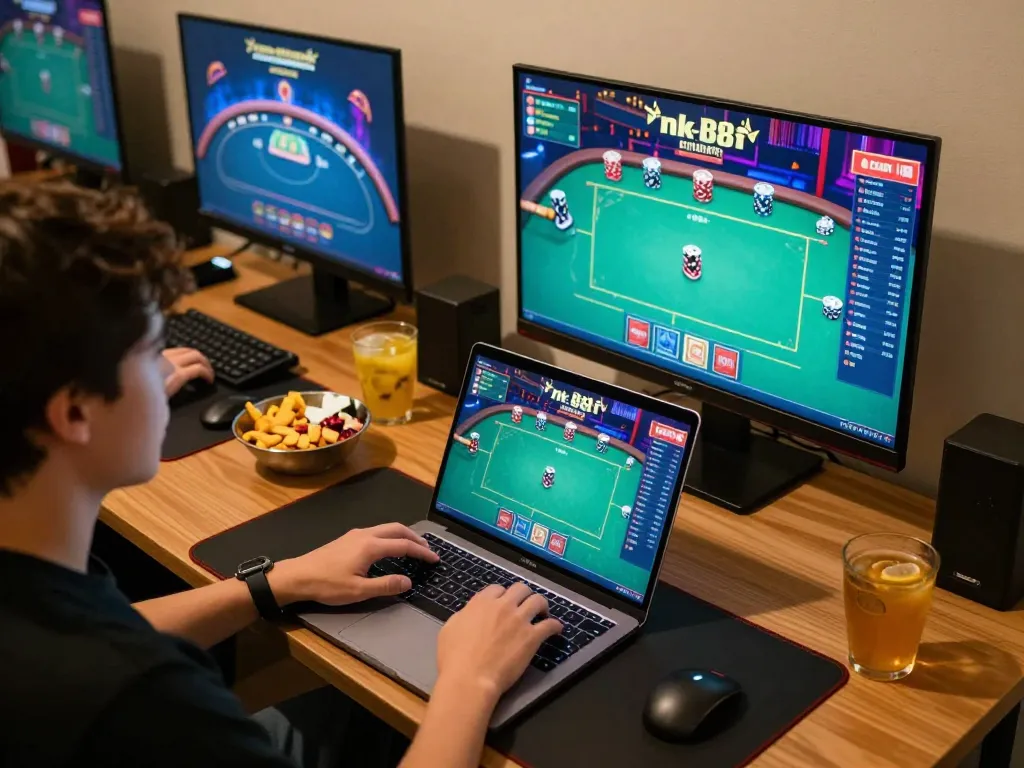 Person enjoying strategic online gambling at home through nk88 platform.