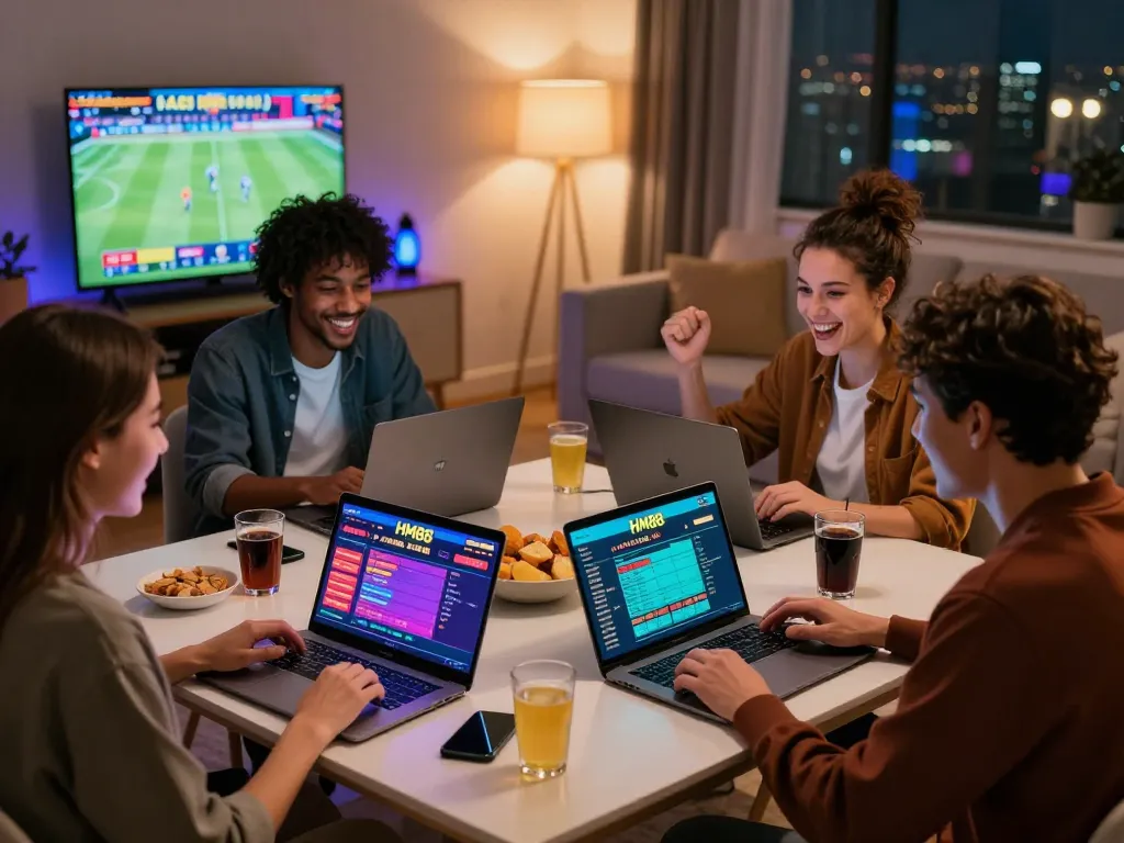 Friends engaging in online gaming with HM88 platform on laptops and mobile devices in a vibrant home setting.