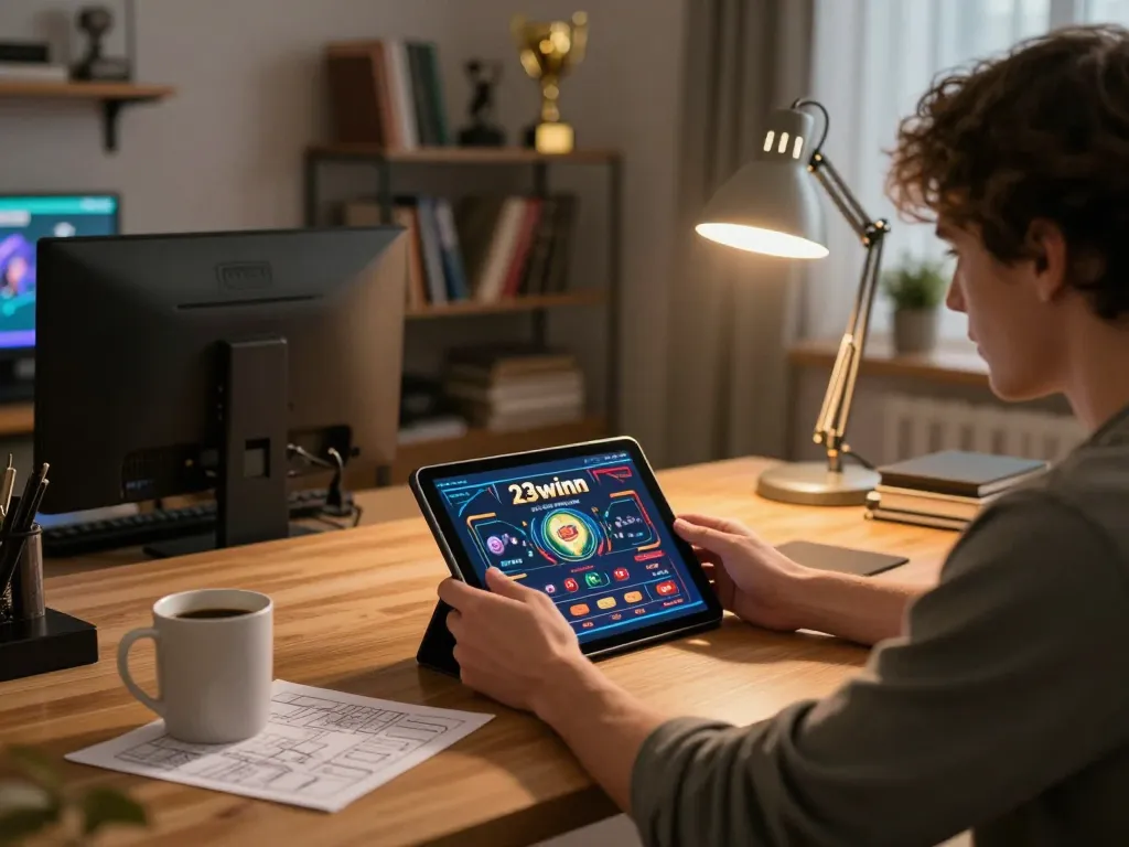 Experience engaging gameplay with 23winn on a tablet in a cozy home office
