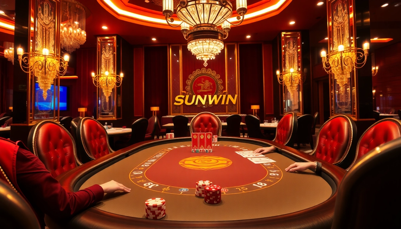 Engaging players at a luxurious table playing Game bài Sunwin with vibrant colors and excitement.