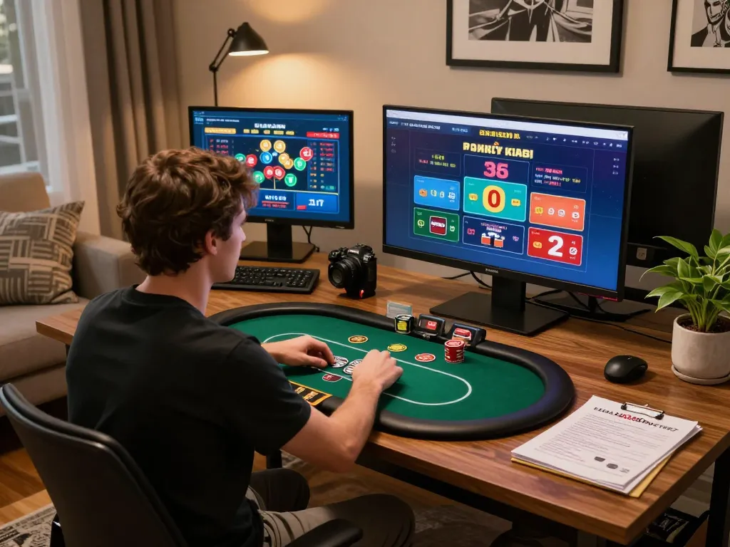 Engaged player on xx88.day strategizing poker gameplay in a modern home office.