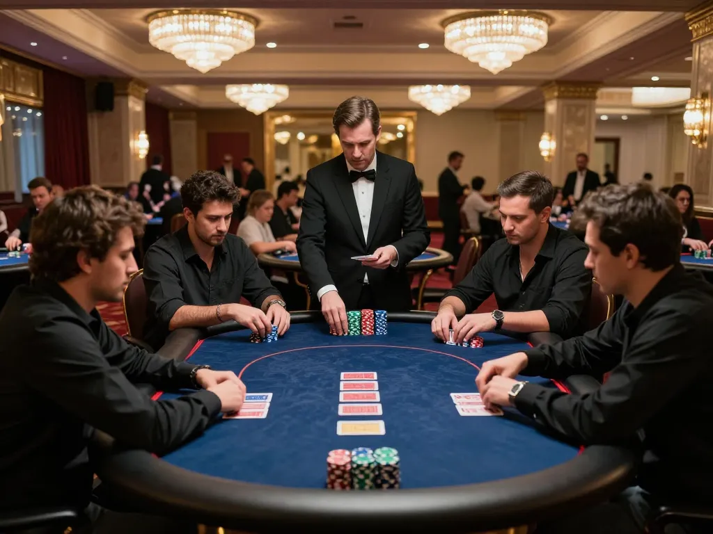 Engaged players in a high-stakes poker game at 79king-vn casino, showcasing strategic gameplay.