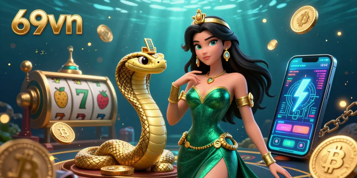 Engage in thrilling gameplay at 69vn with mesmerizing visuals of slot games and crypto elements.