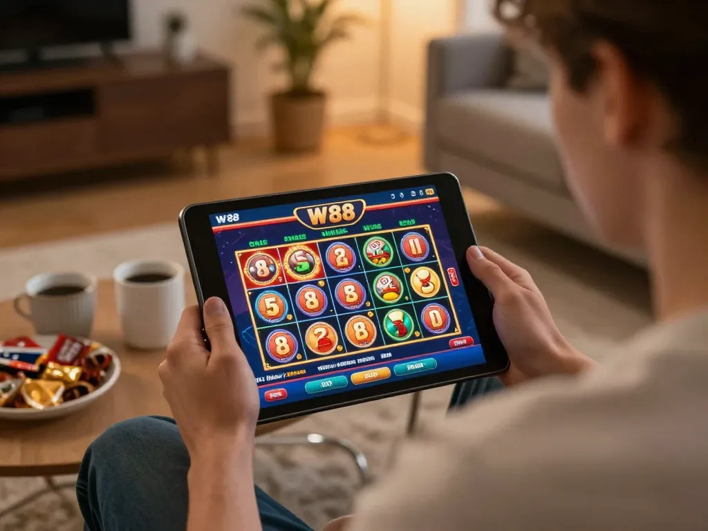 Engaging with W88 online casino interface on a tablet in a cozy home setup, showcasing strategic gameplay.