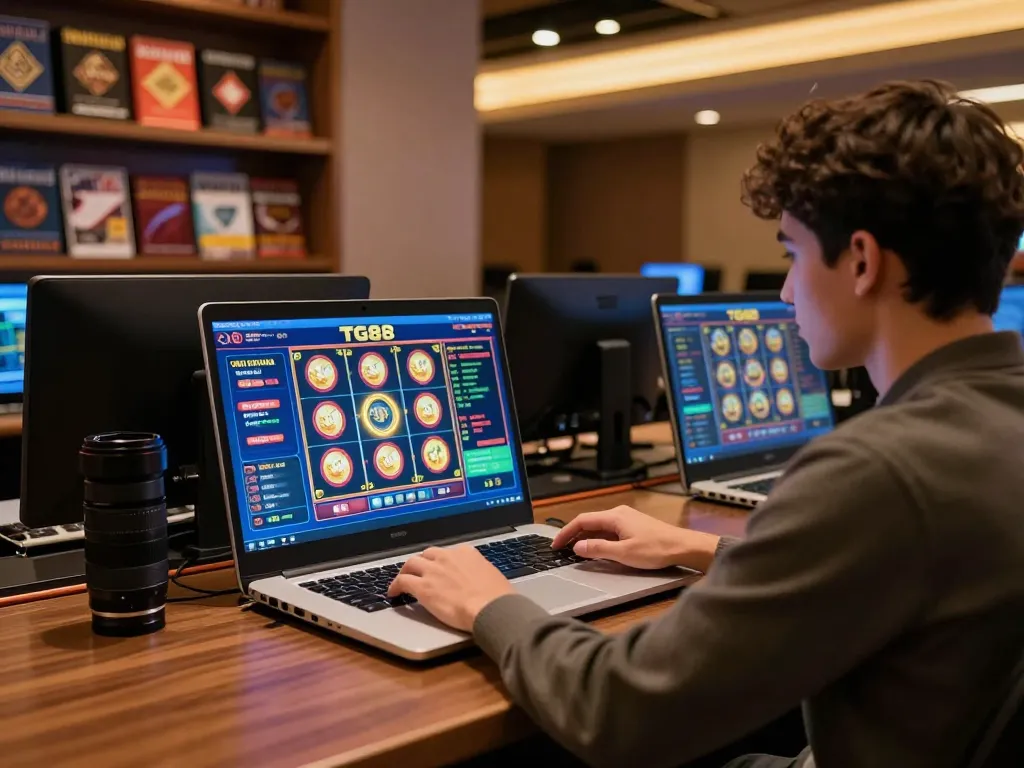 Engaging online gaming session using tg88 link displayed on laptop screen, showcasing vibrant slot game.