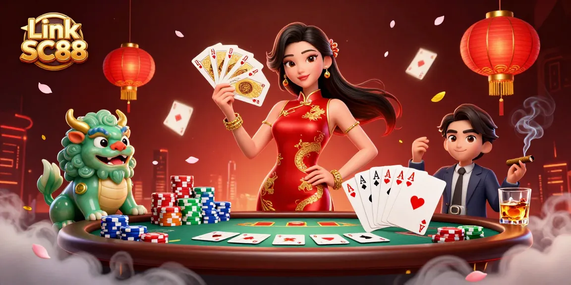 Experience the excitement of Link SC88 with vibrant casino action featuring a woman, jade lion, and gaming elements.