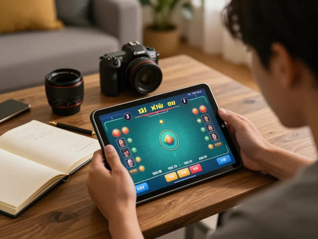 Engaging in tài xỉu online on a tablet, showcasing strategy with notes in a cozy home setting.