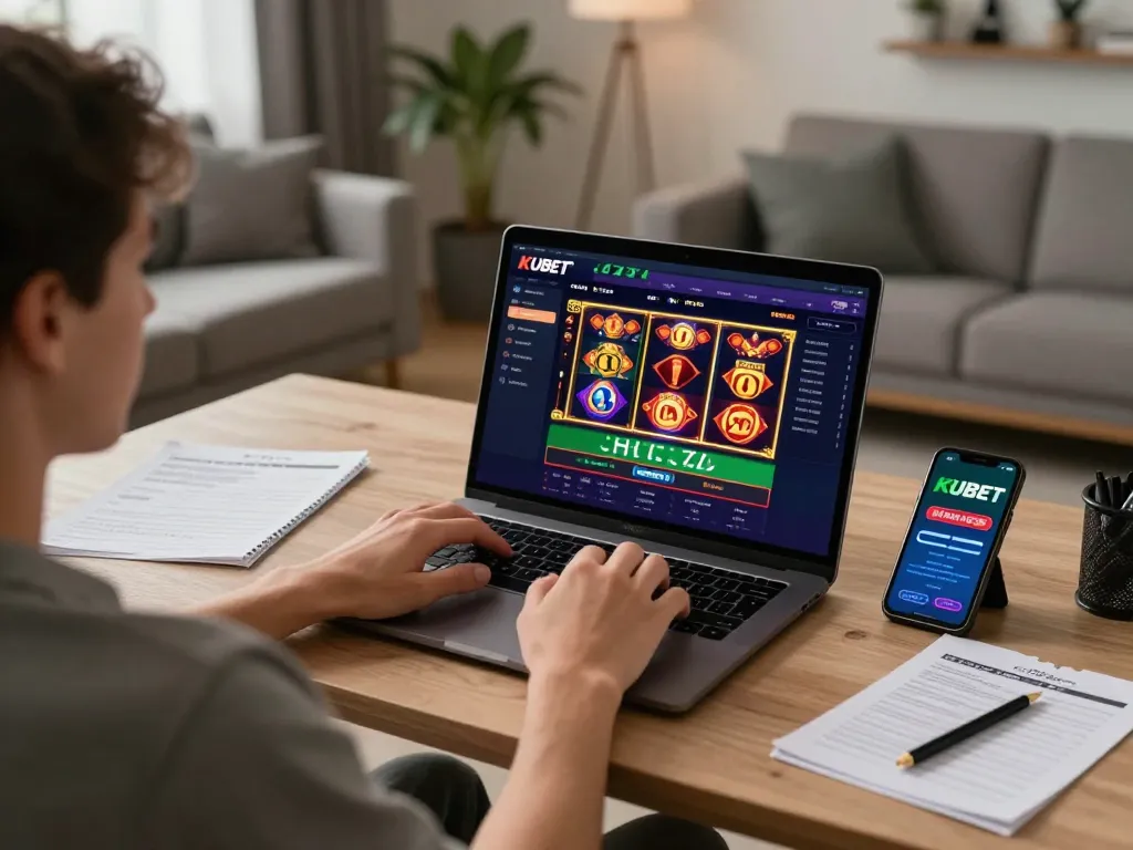 KUBET online gaming session at home with engaging casino options on laptop and mobile app.