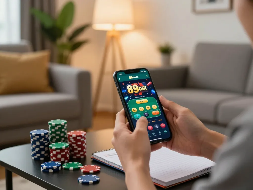 Engaged user placing a bet on the 89bet com app in a cozy home setting with strategic notes.