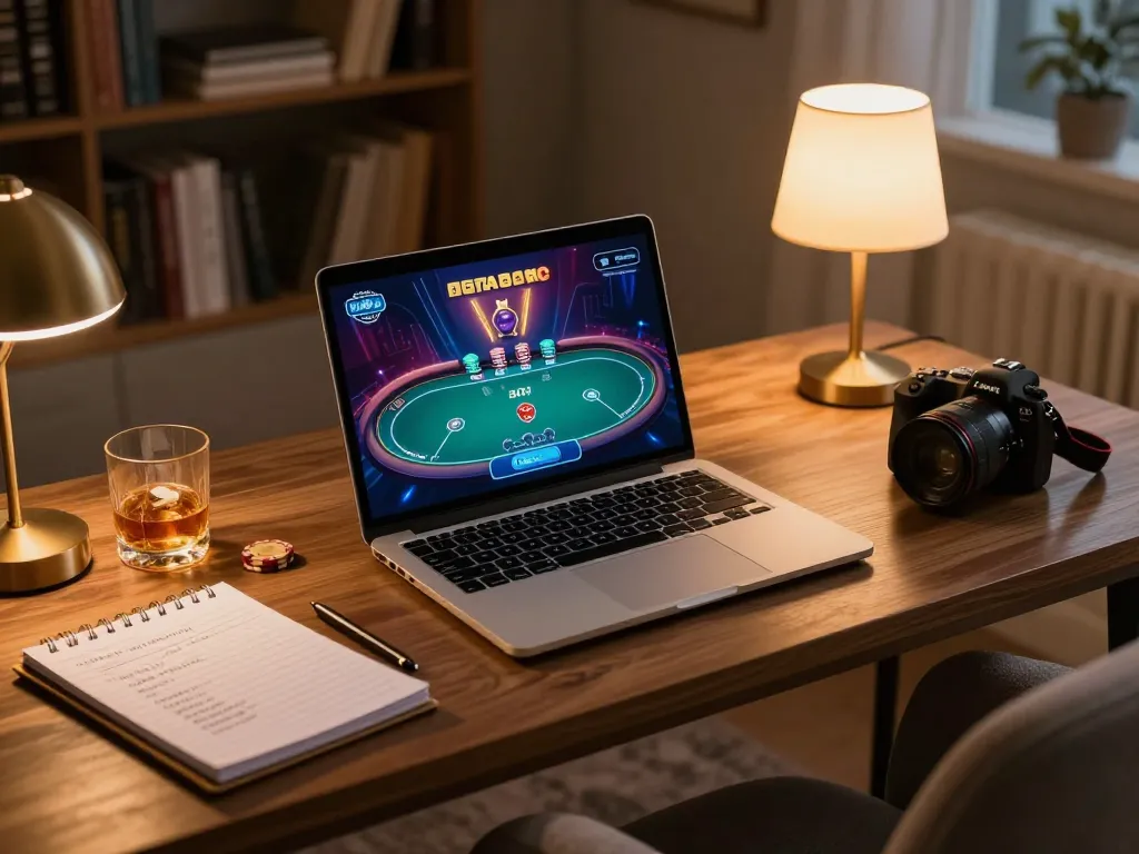 Engaging online poker session showing laptop interface for 79 king strategies, emphasizing strategic gameplay.
