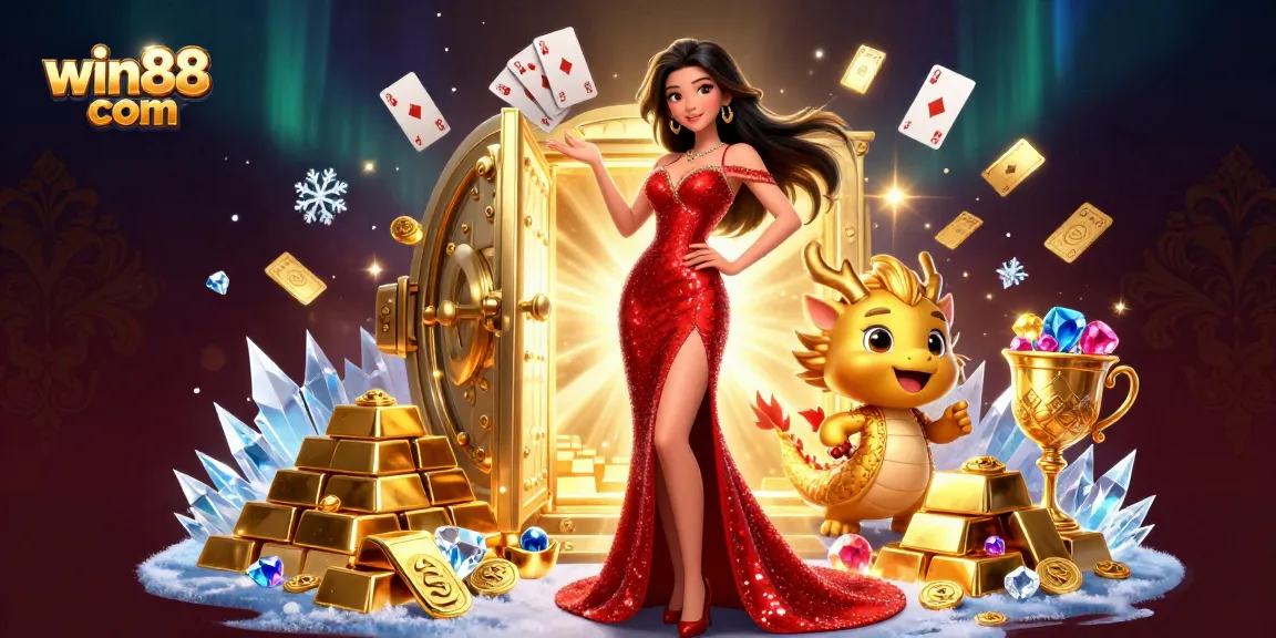 Spin to win at win88 com with a vibrant 3D casino scene featuring cards, treasure, and a welcoming mascot.