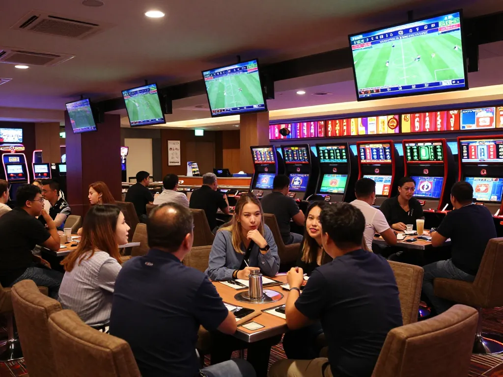 Kèo Nhà Cái 5 odds displayed in a lively sports betting lounge with enthusiastic bettors analyzing live matches.