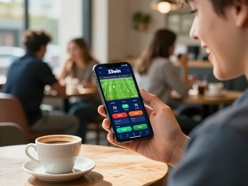 Engaging with 33win mobile app in a lively coffee shop atmosphere, placing bets on live sports.