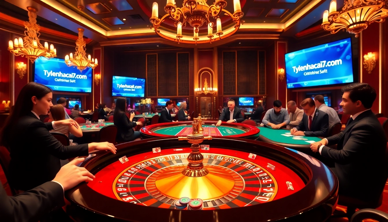Players engaging in a thrilling casino experience at tylenhacai7.com with luxurious roulette and poker tables.