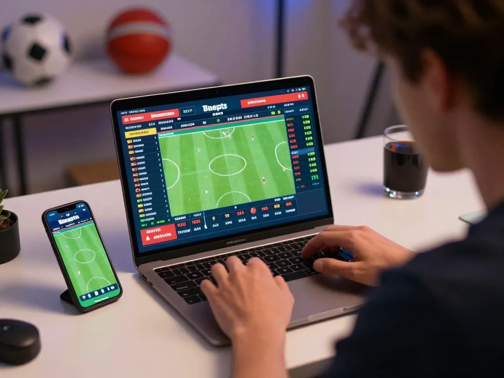 XIBET user engaged in strategic sports betting online, showcasing live odds on laptop.