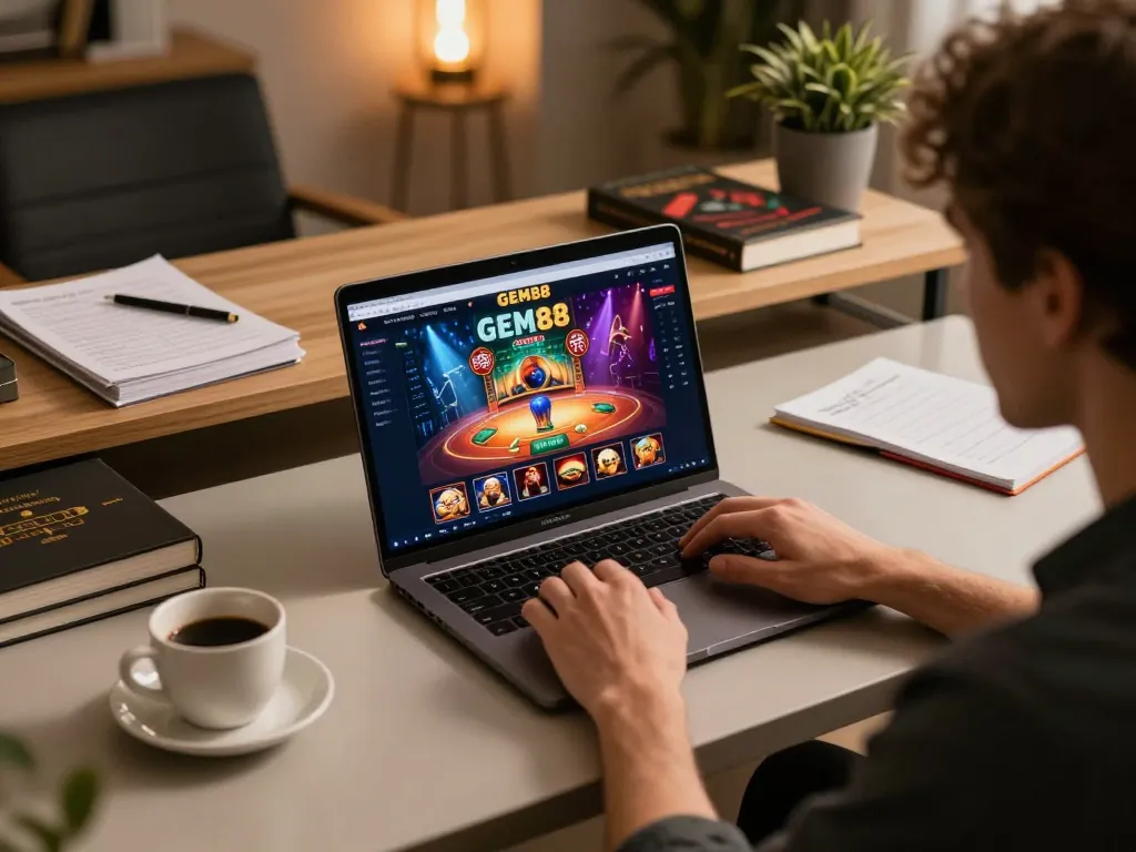 Player using GEM88 online casino interface in a stylish home setup with strategic notes.