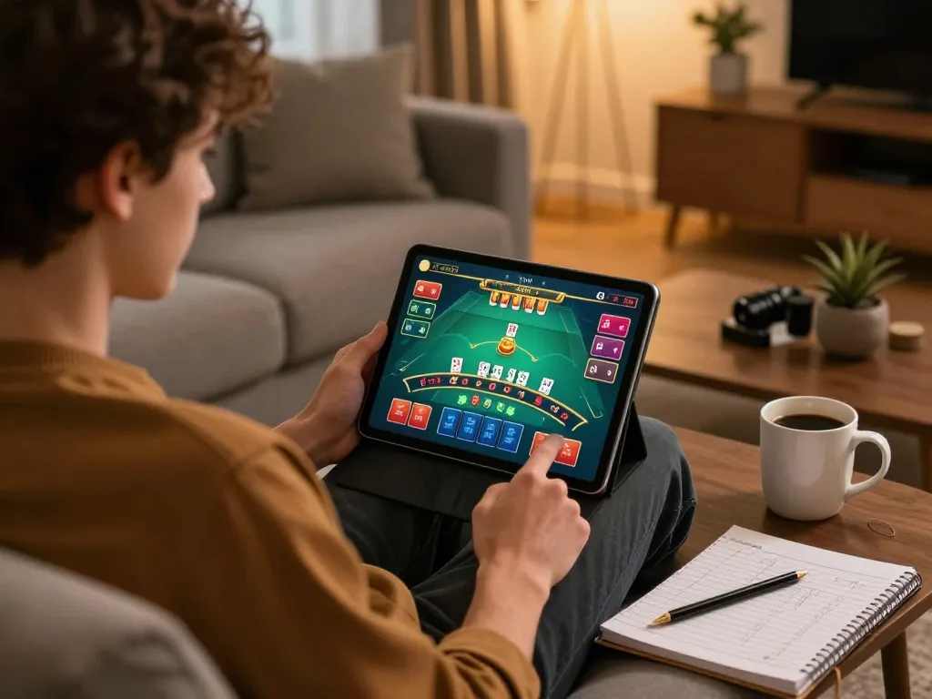 Player enjoying blackjack on go88 tablet in cozy living room, emphasizing responsible gaming