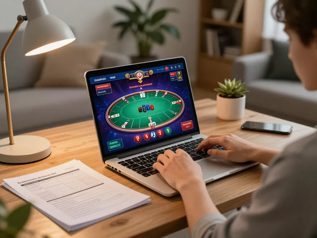 Engaging online poker gameplay on laptop showcasing debet platform, highlighting strategic decision-making in cozy home setting.