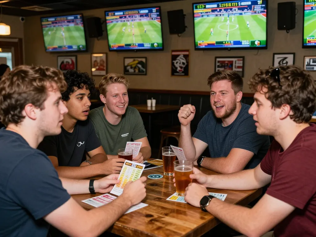 Friends engaging in thrilling sports betting at a lively sports bar, capturing the excitement of 7mcn actions and strategies.