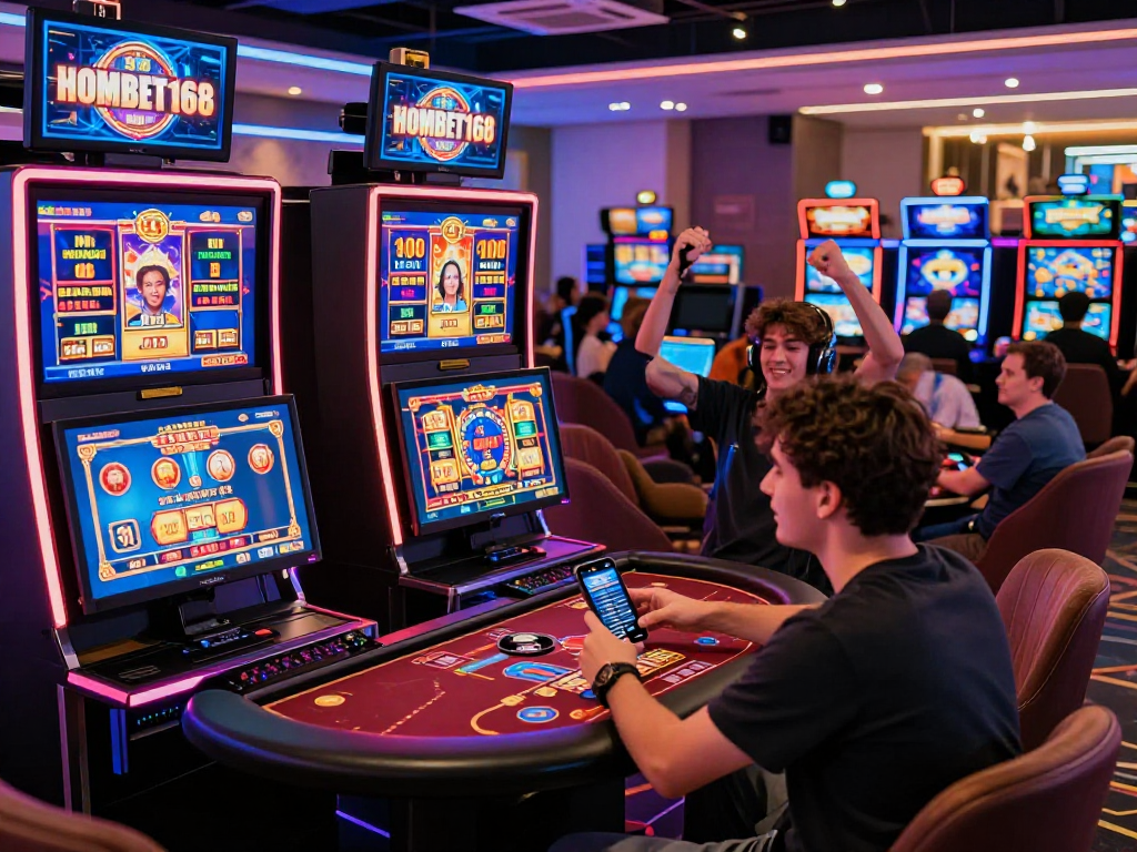 Exciting gaming atmosphere at KOMBET168 online casino with vibrant displays and players enjoying diverse games.