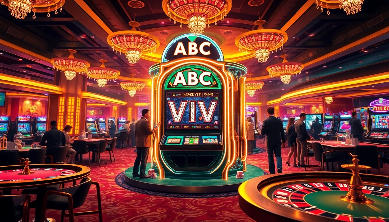 Engaged players enjoying the ABC VIP slot machine in a luxurious casino setting.