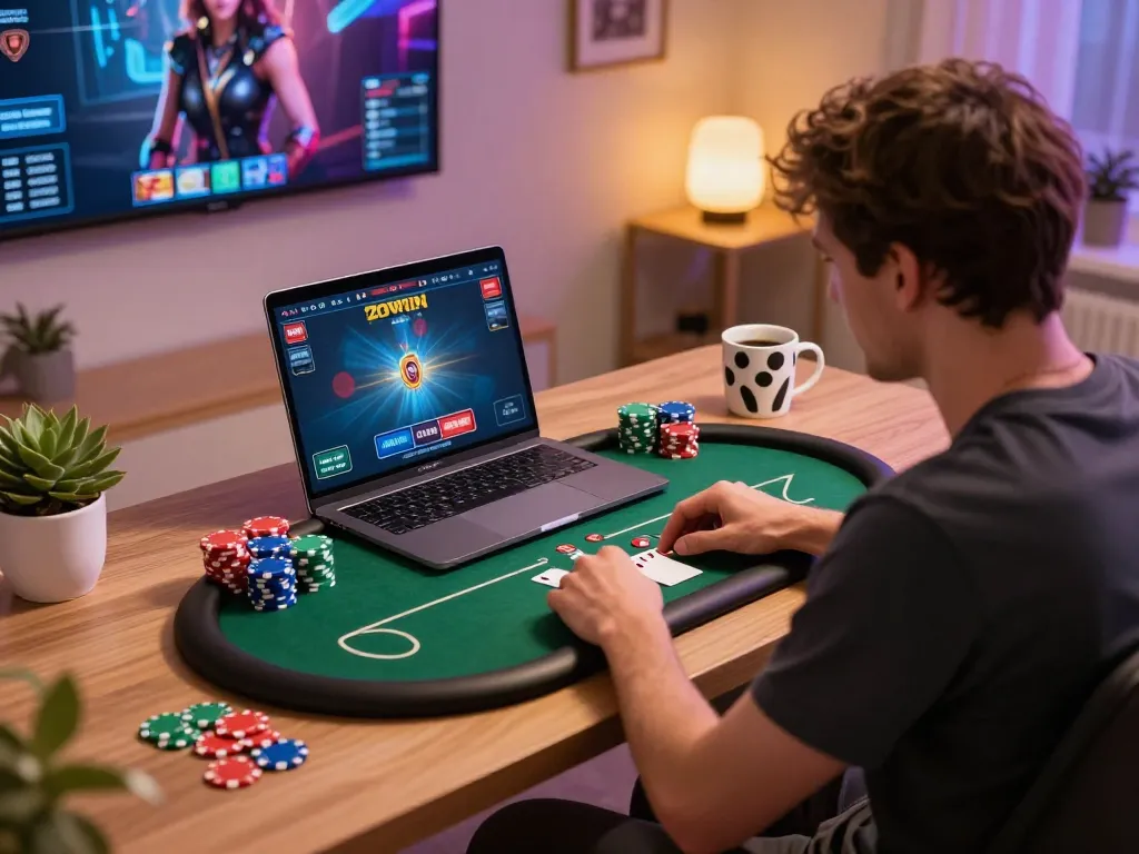 Engaging home poker game with Zowin interface and colorful chips displayed on stylish desk.
