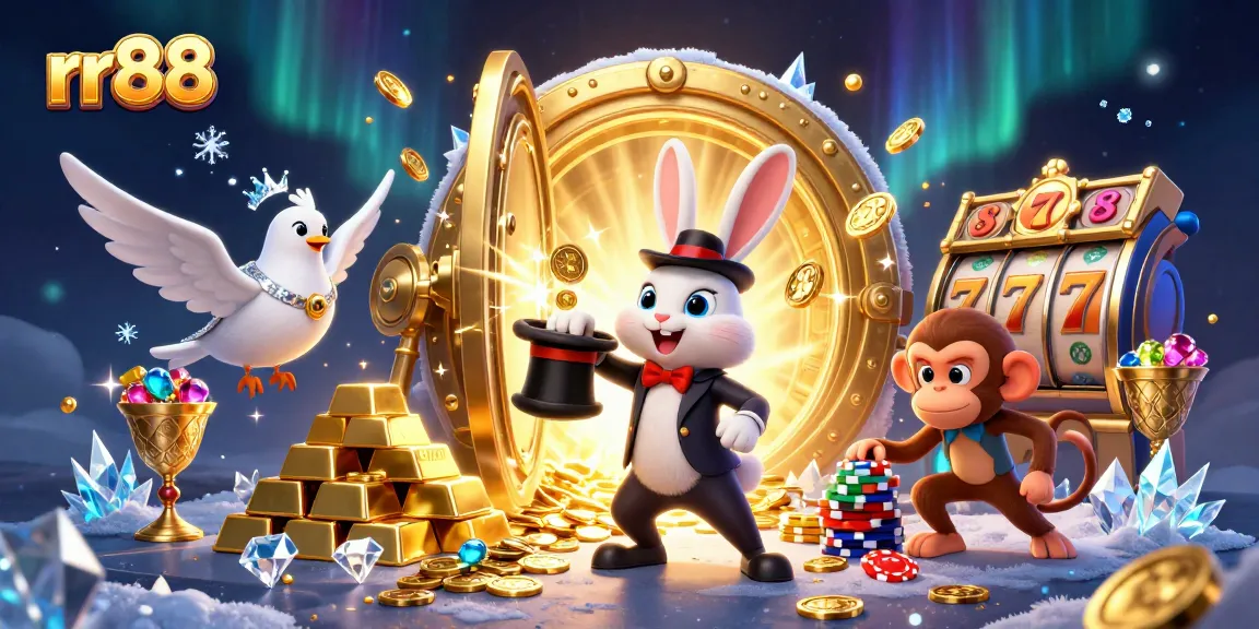 Win big at rr88 casino with vibrant 3D characters and golden treasures in a magical scene.