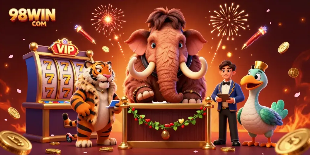 Experience lively entertainment at 98WIN COM with vibrant 3D casino characters like a woolly mammoth bouncer.