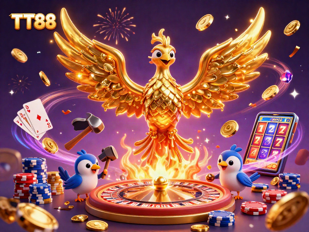 Experience the thrill of winning at TT88 with a vibrant casino 3D illustration showcasing iconic game elements.