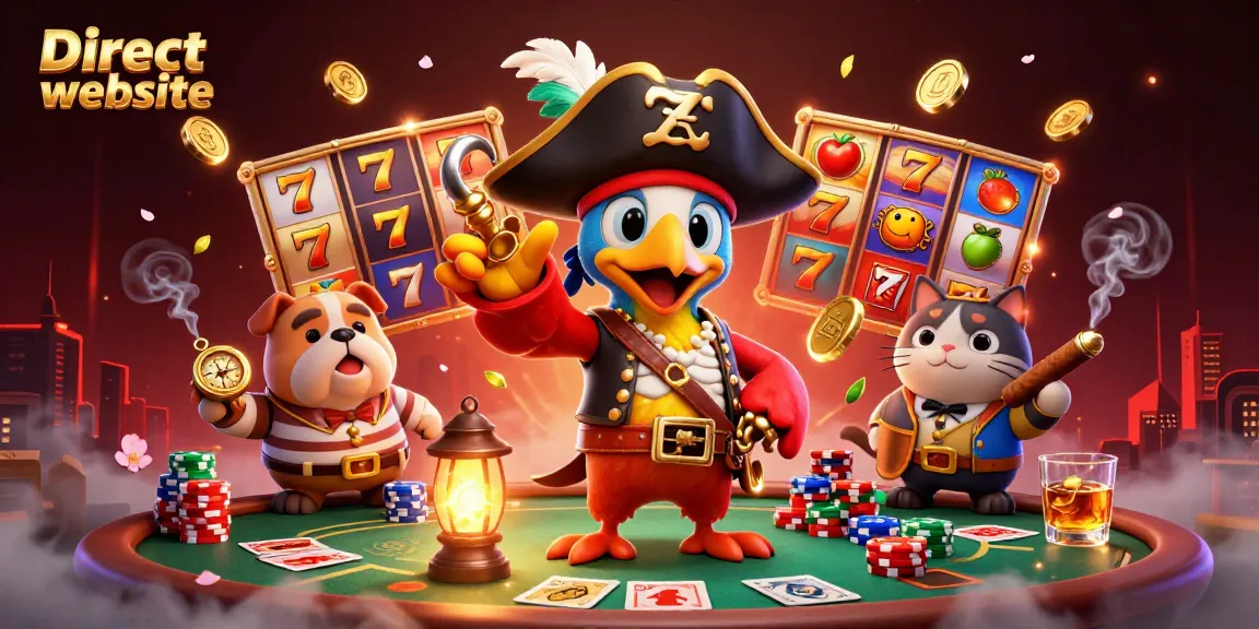 Action-packed scene showcasing Direct website with vibrant slot reels and lively casino characters in a rich environment.