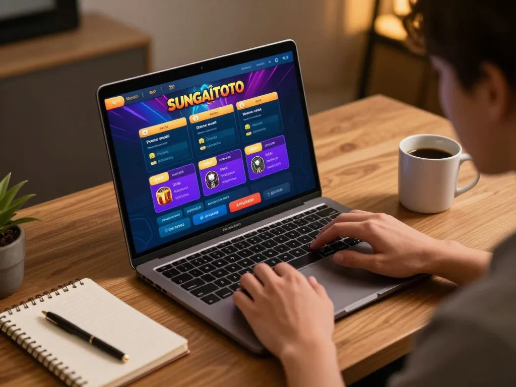 SUNGAITOTO online betting displays exciting options on a laptop in a cozy workspace.