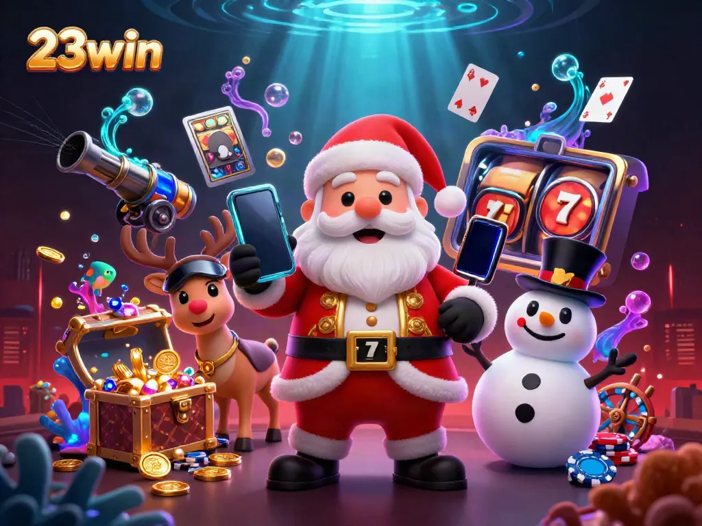 Experience thrilling wins at 23win with Santa and friends celebrating jackpots in a vibrant casino scene.