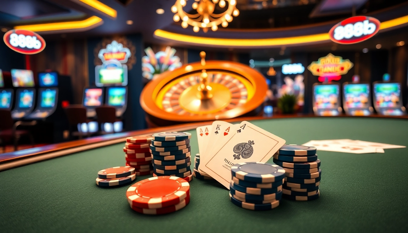 The excitement of 888b casino gambling with poker chips and cards on a vibrant gaming table.