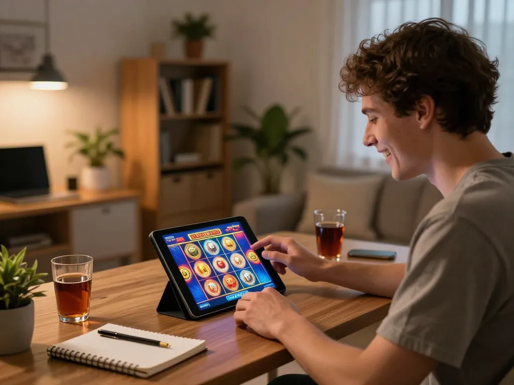 Excited player enjoying online slots at home on 888NEW tablet