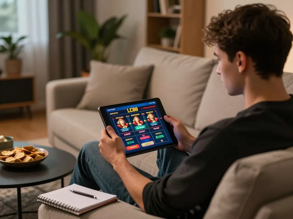 Engaging online player enjoying gaming on LC88 tablet at home.
