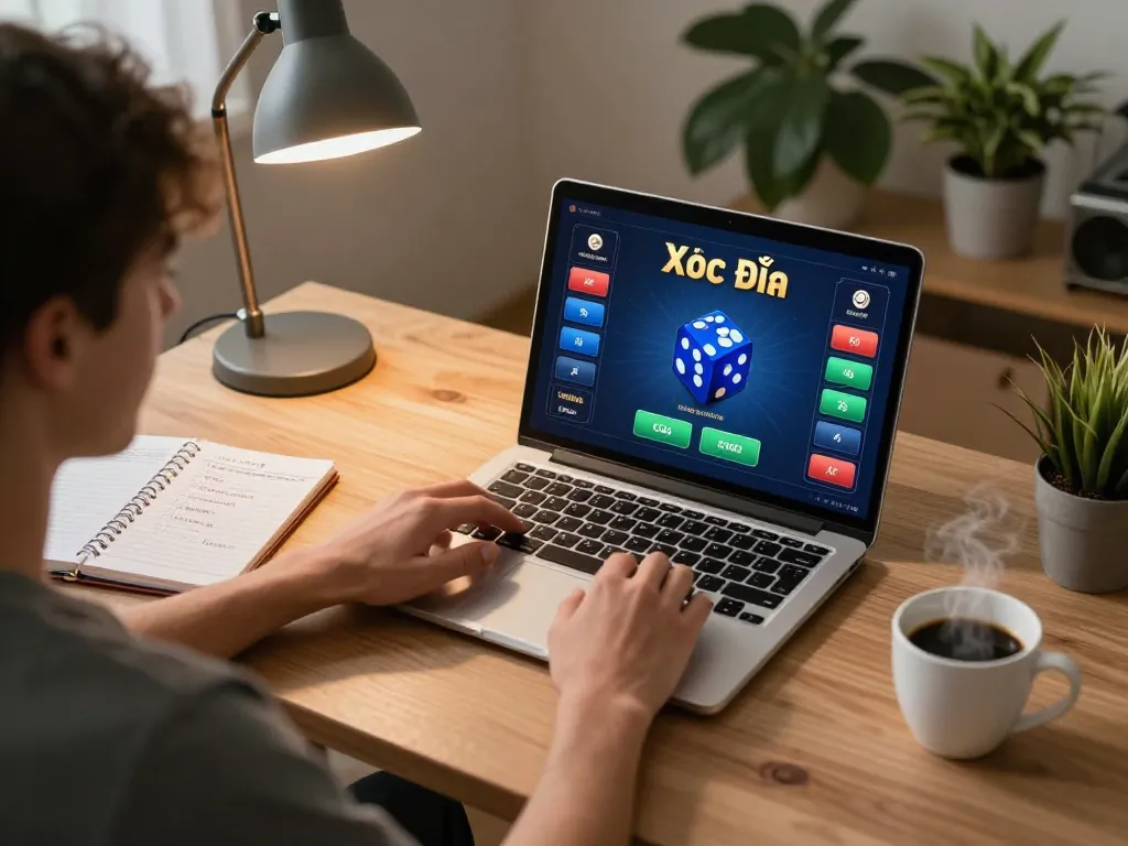 Engaged player enjoying Xóc Đĩa Online during a cozy home gaming session, laptop screen displaying gameplay and strategy notes beside a coffee.