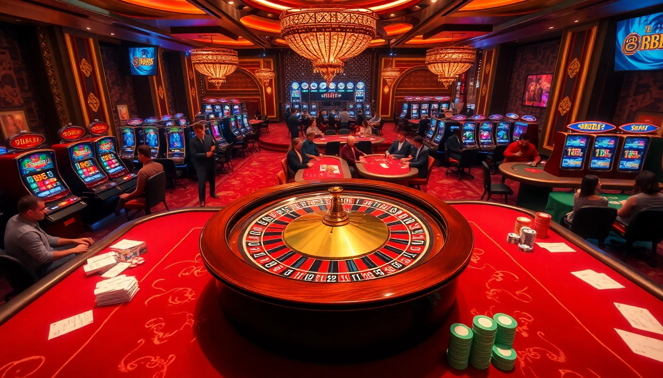 Winning at 8kbet1 casino with vibrant roulette wheel and poker tables in luxurious atmosphere.