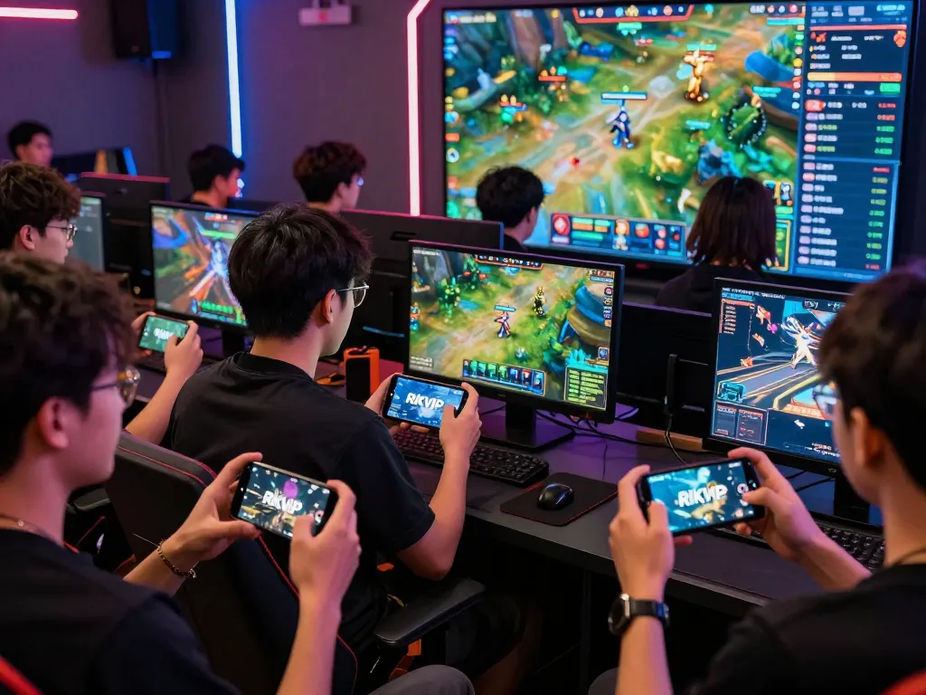 Engaging scene of players enjoying RIKVIP gaming on multiple devices, highlighting interactive atmosphere and vibrant graphics.