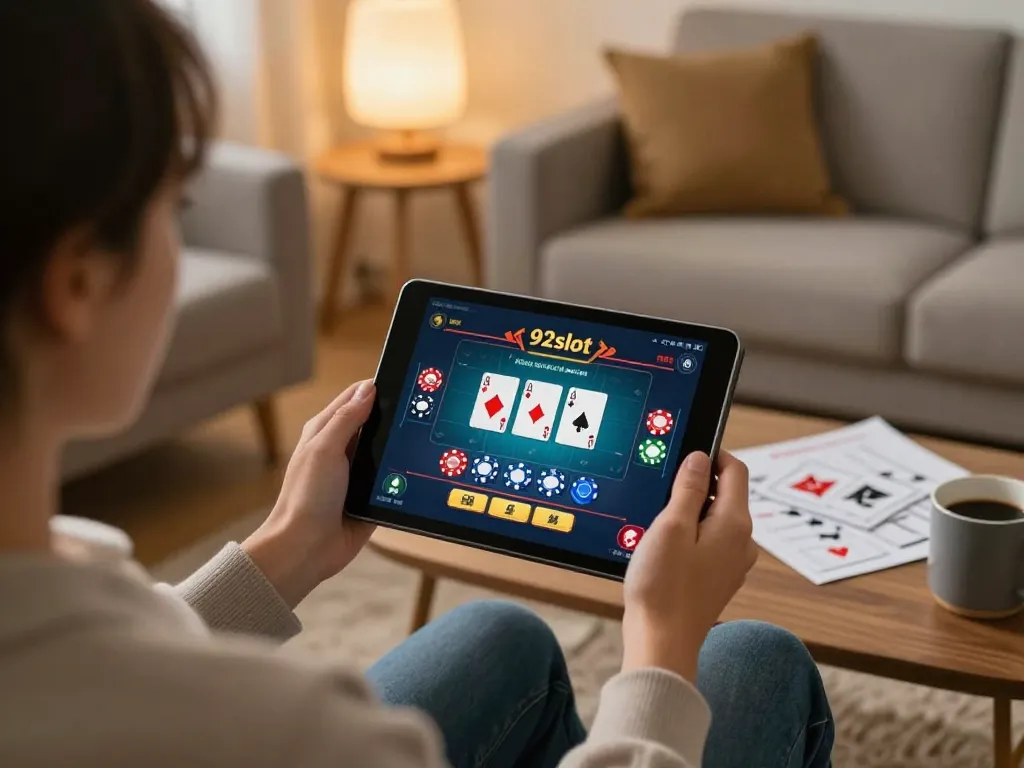 Person enjoying 92slot online gaming with tablet in a cozy home environment, showcasing responsible entertainment.