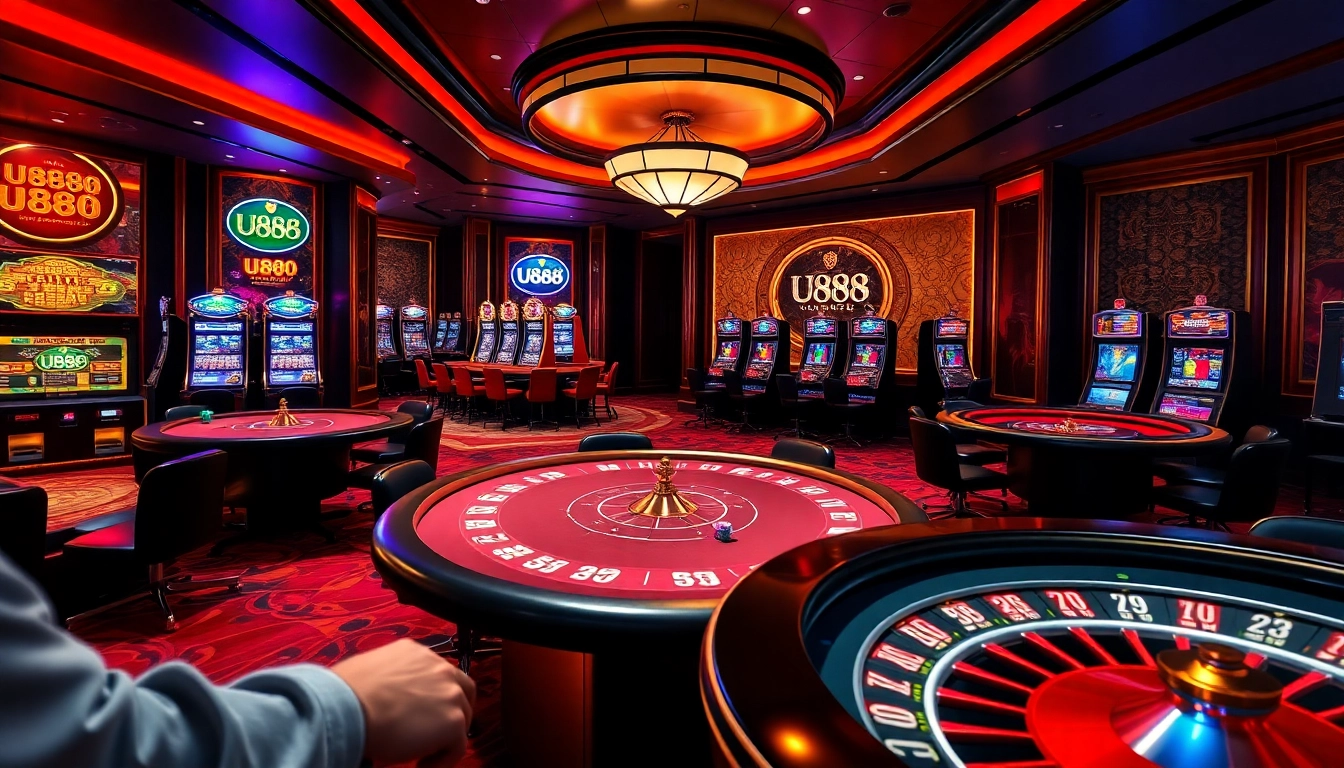 Experience the thrill of U888 as players engage in roulette and poker in a luxury casino atmosphere.