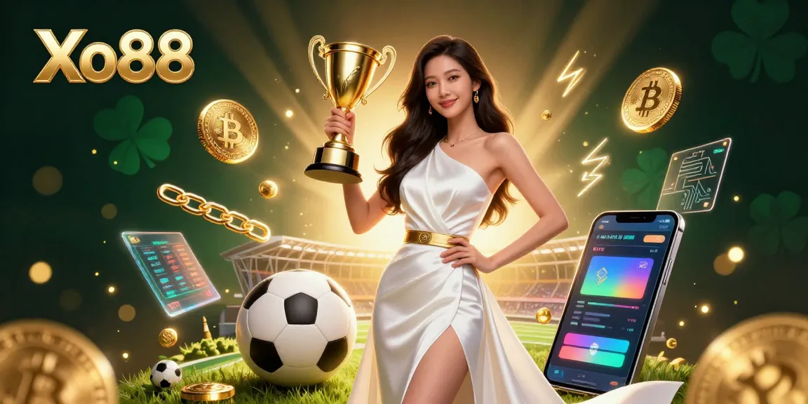 Xo88 embraces thrilling sports betting with a victorious character and vibrant gaming elements.