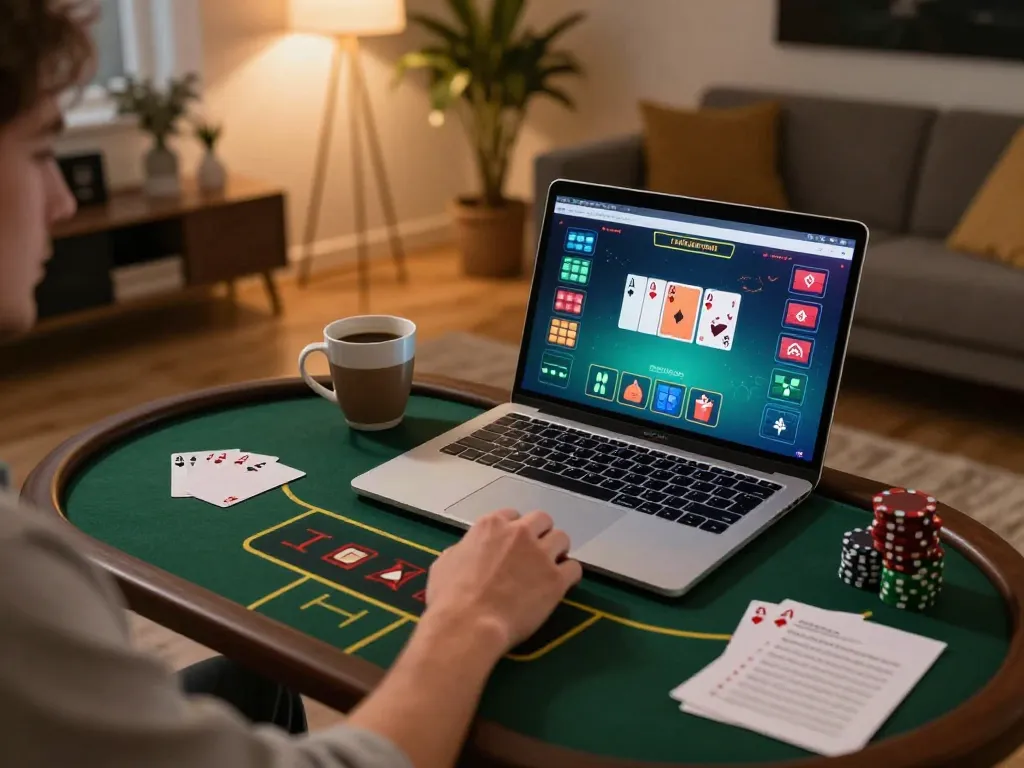 Net88 player engaging in online poker strategy with laptop and coffee