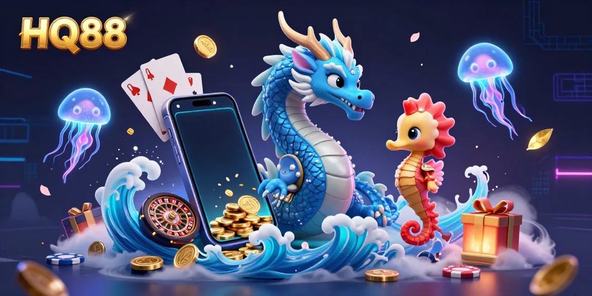 Engage with HQ88 through an exciting 3D casino scene featuring a water dragon and gaming elements.