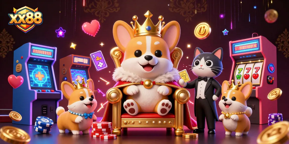 Play exciting games at xx88 with a dazzling royal corgi and festive gaming elements.