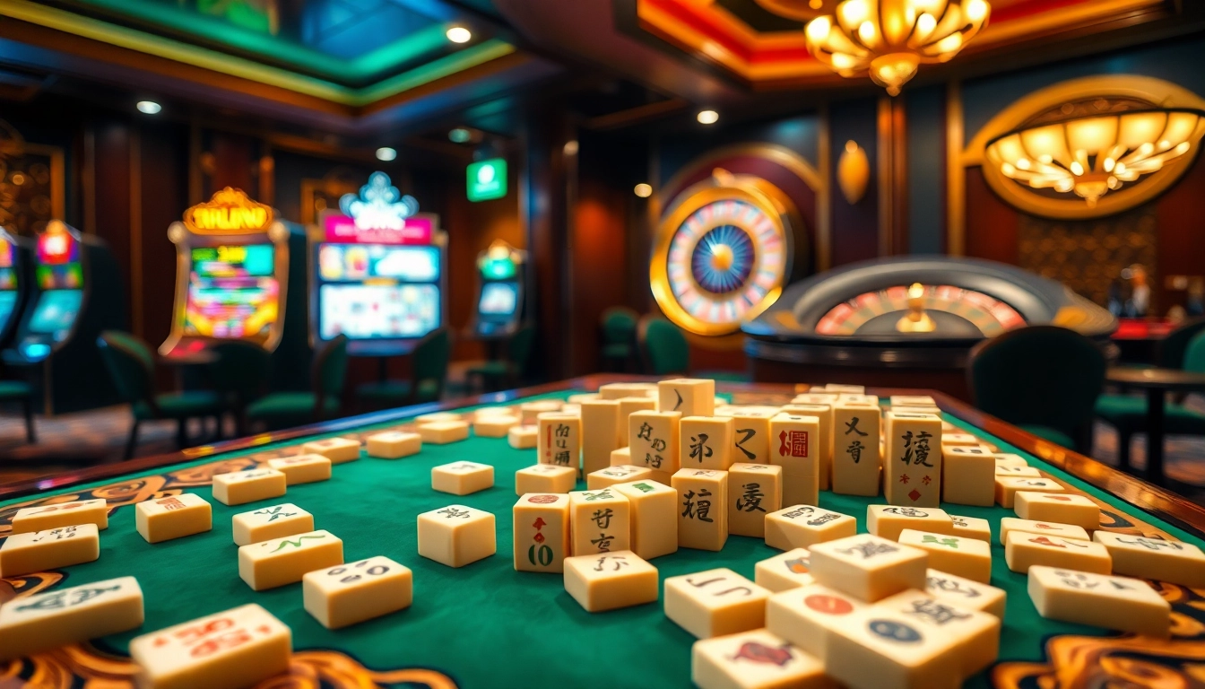 Engaging players enjoy the hm88 game at an upscale casino table filled with colorful mahjong tiles.