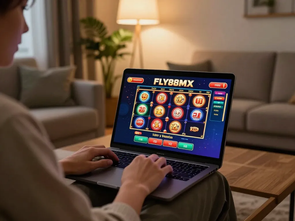 Join the excitement at fly88mx with vibrant slot games displayed on a laptop in a cozy setting.