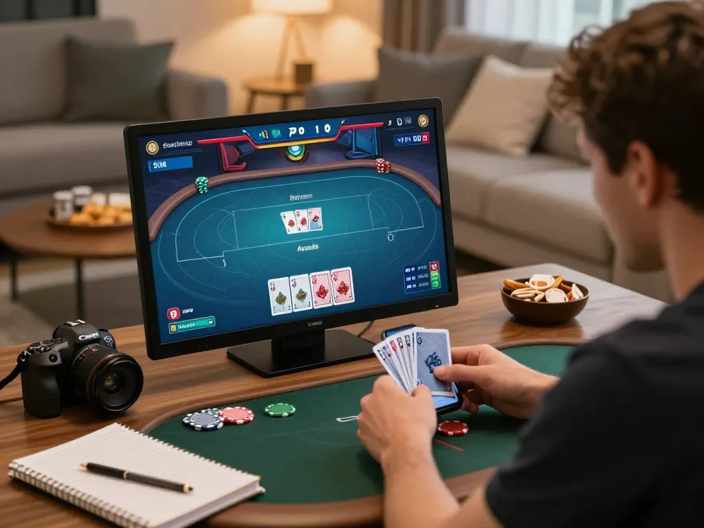 Engaged player strategizing bets on 999bet poker app in a cozy living room.